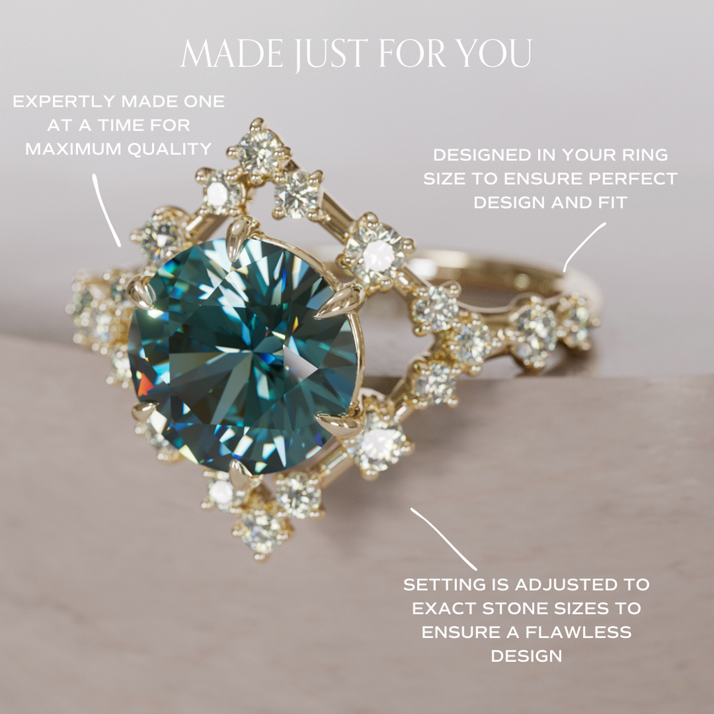 Celestial Engagement Ring with Diamond Halo and 2ct Round Teal Sapphire By Valley Rose