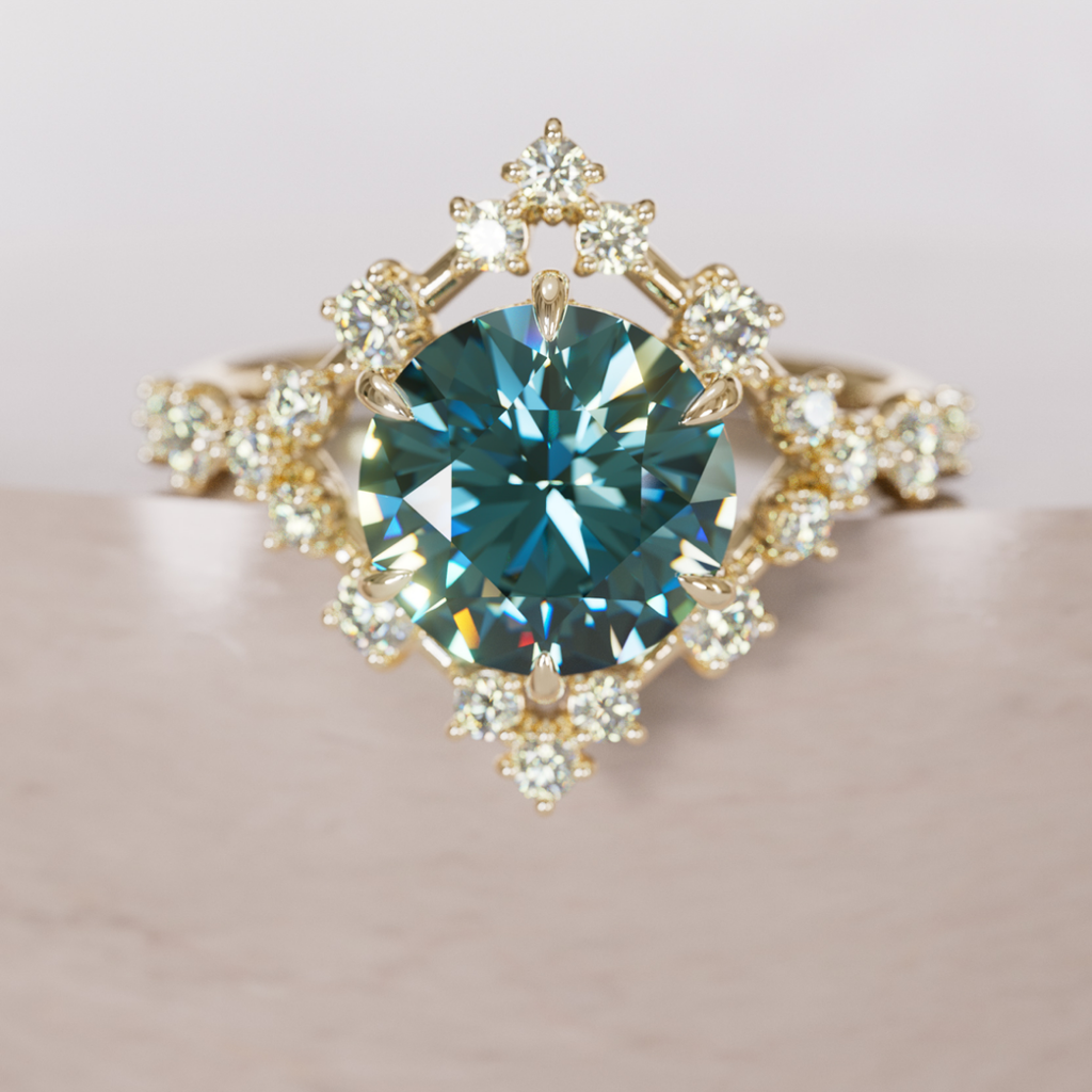 Celestial Engagement Ring with Diamond Halo and 2ct Round Teal Sapphire By Valley Rose