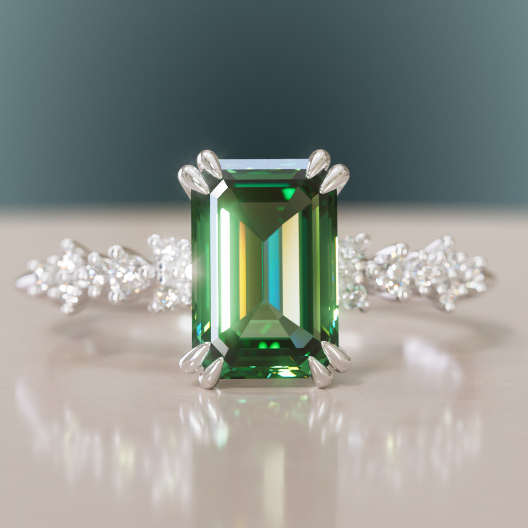 Celestial Engagement Ring with Emerald Cut Green Sapphire and Diamonds By Valley Rose