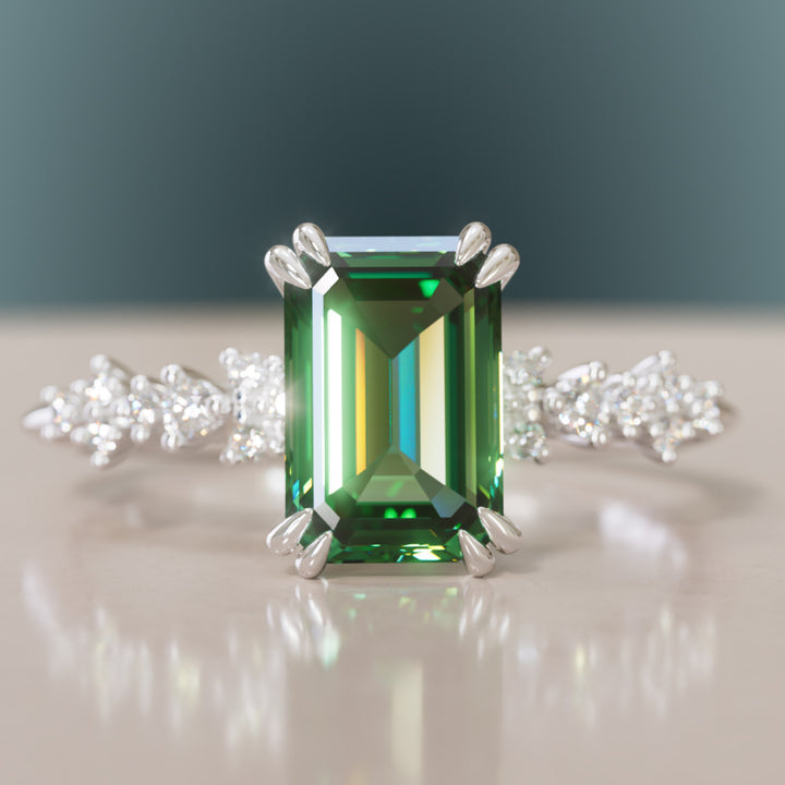 Celestial Engagement Ring with Emerald Cut Green Sapphire and Diamonds By Valley Rose