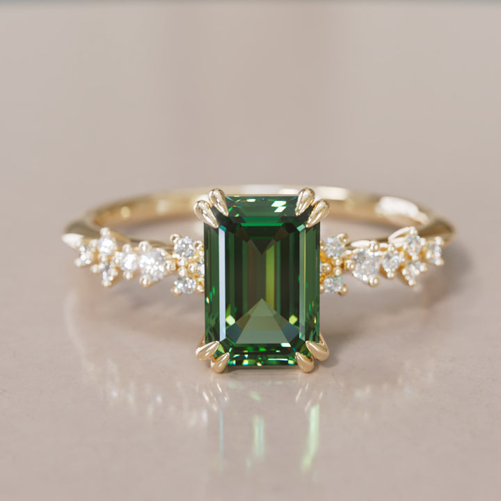 Celestial Engagement Ring with Emerald Cut Green Sapphire and Diamonds By Valley Rose