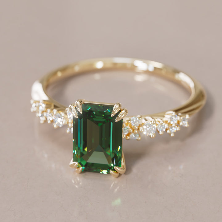 Celestial Engagement Ring with Emerald Cut Green Sapphire and Diamonds By Valley Rose