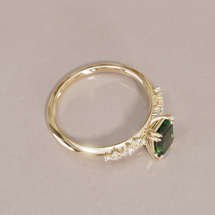 Celestial Engagement Ring with Emerald Cut Green Sapphire and Diamonds By Valley Rose