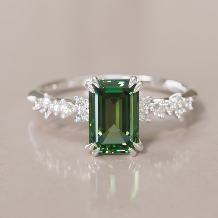 Celestial Engagement Ring with Emerald Cut Green Sapphire and Diamonds By Valley Rose