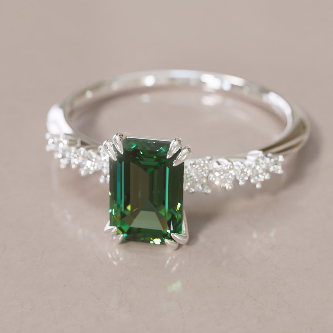 Celestial Engagement Ring with Emerald Cut Green Sapphire and Diamonds By Valley Rose