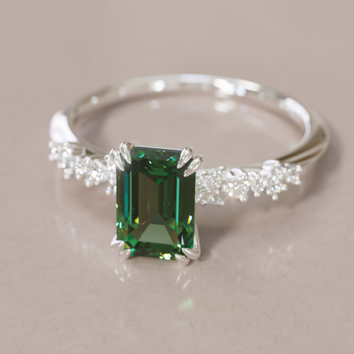 Celestial Engagement Ring with Emerald Cut Green Sapphire and Diamonds By Valley Rose