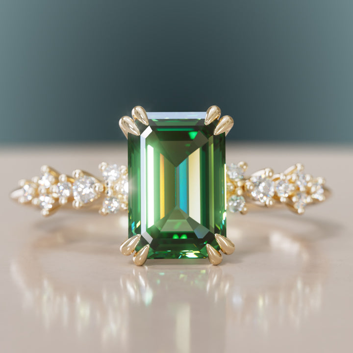 Celestial Engagement Ring with Emerald Cut Green Sapphire and Diamonds By Valley Rose