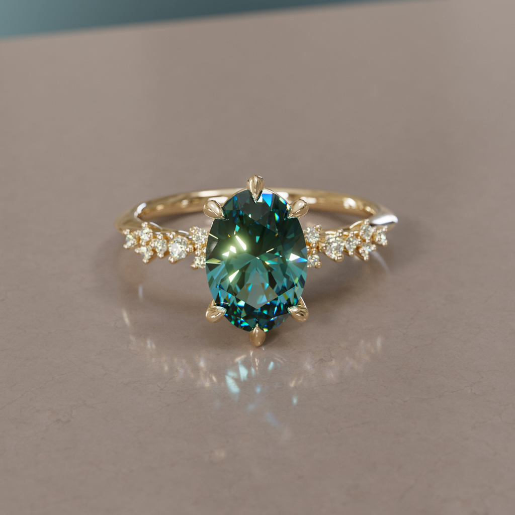 Celestial Engagement Ring with Oval Teal Sapphire and Diamonds By Valley Rose