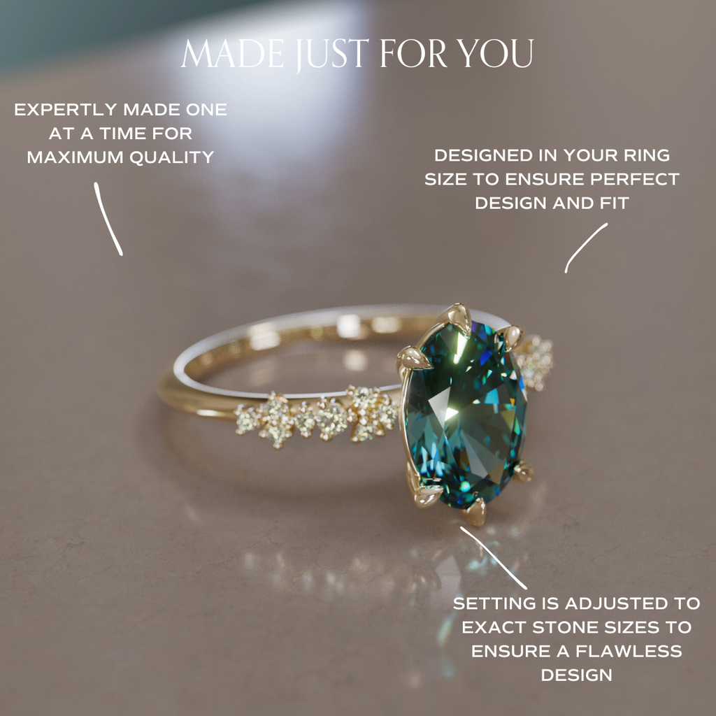 Celestial Engagement Ring with Oval Teal Sapphire and Diamonds By Valley Rose