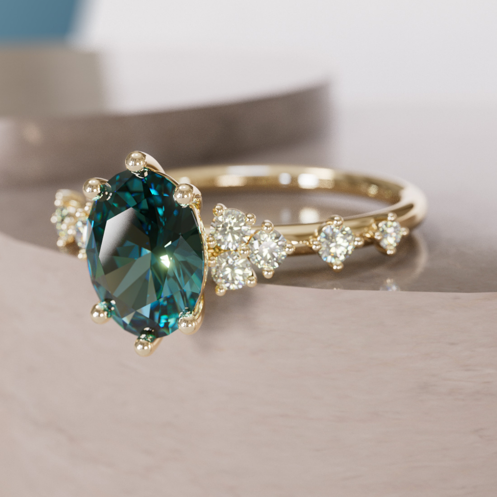 Celestial Engagement Ring with Oval Teal Sapphire and Diamonds By Valley Rose