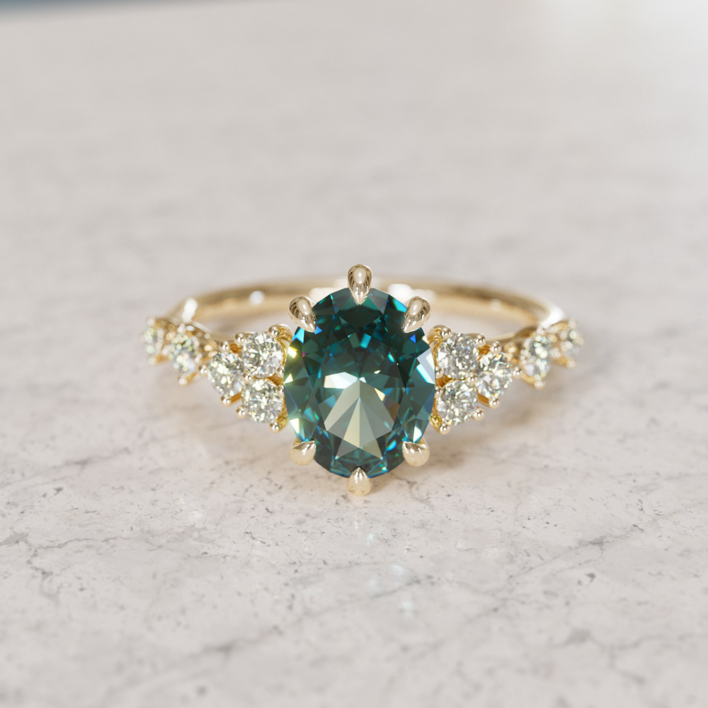 Celestial Engagement Ring with Oval Teal Sapphire and Diamonds By Valley Rose