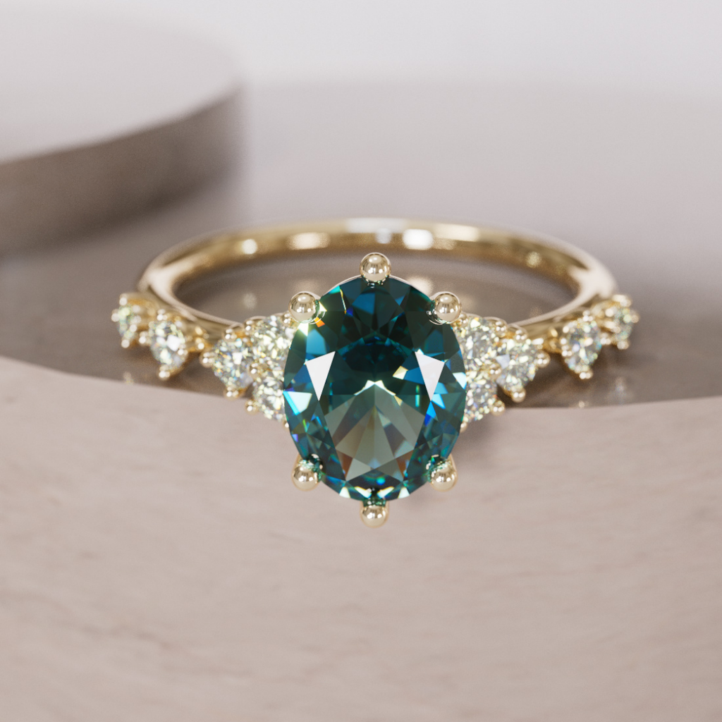 Celestial Engagement Ring with Oval Teal Sapphire and Diamonds By Valley Rose