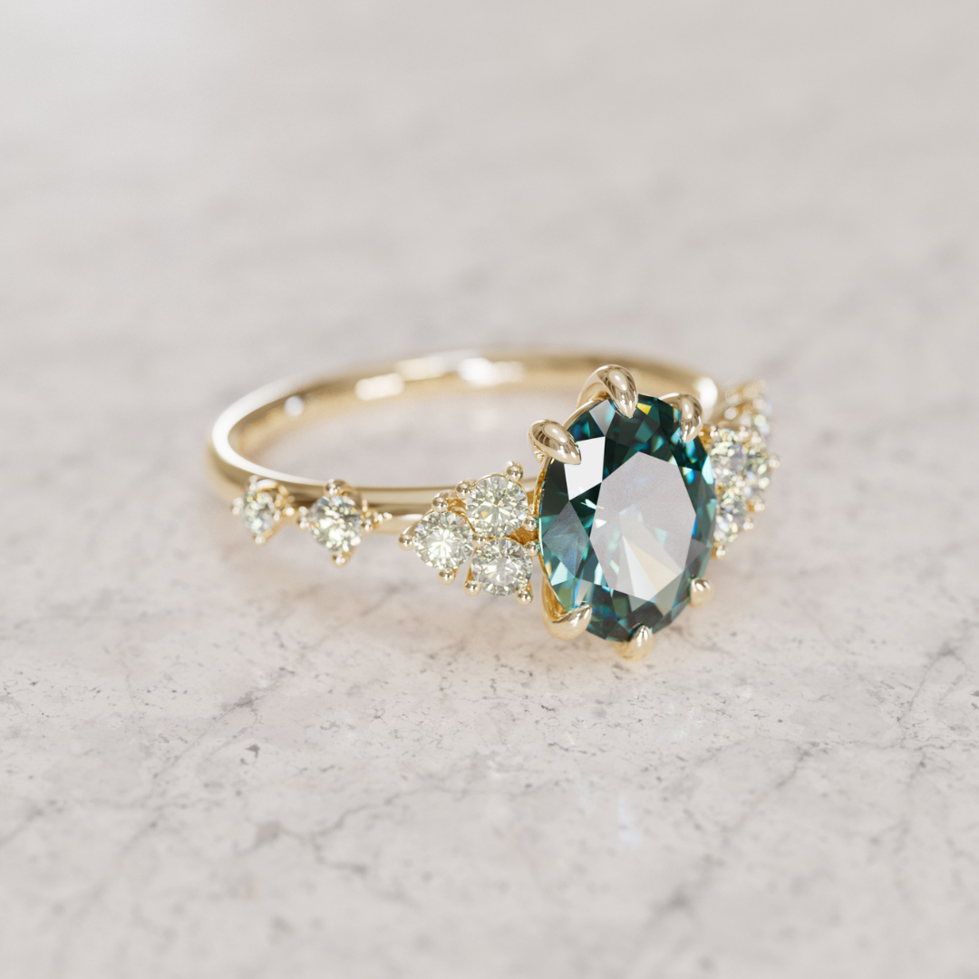 Celestial Engagement Ring with Oval Teal Sapphire and Diamonds By Valley Rose