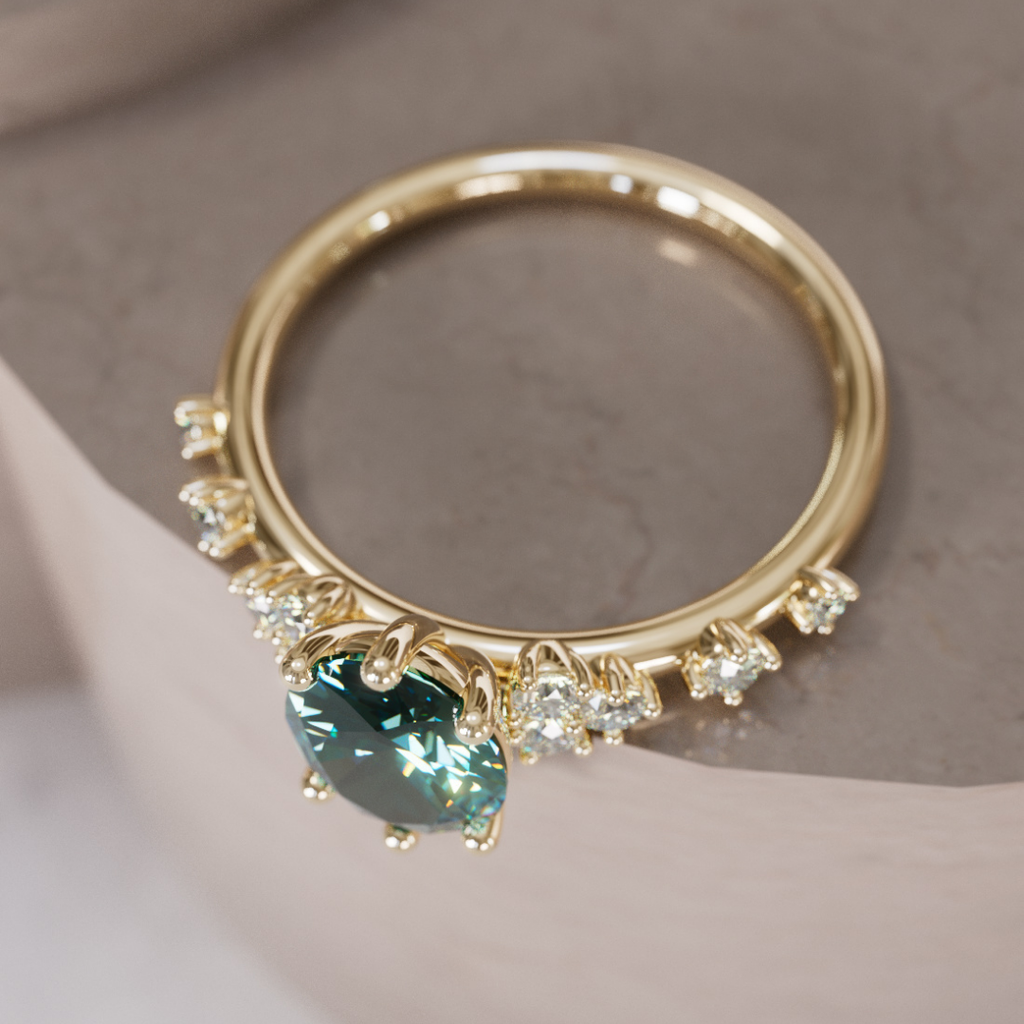 Celestial Engagement Ring with Oval Teal Sapphire and Diamonds By Valley Rose