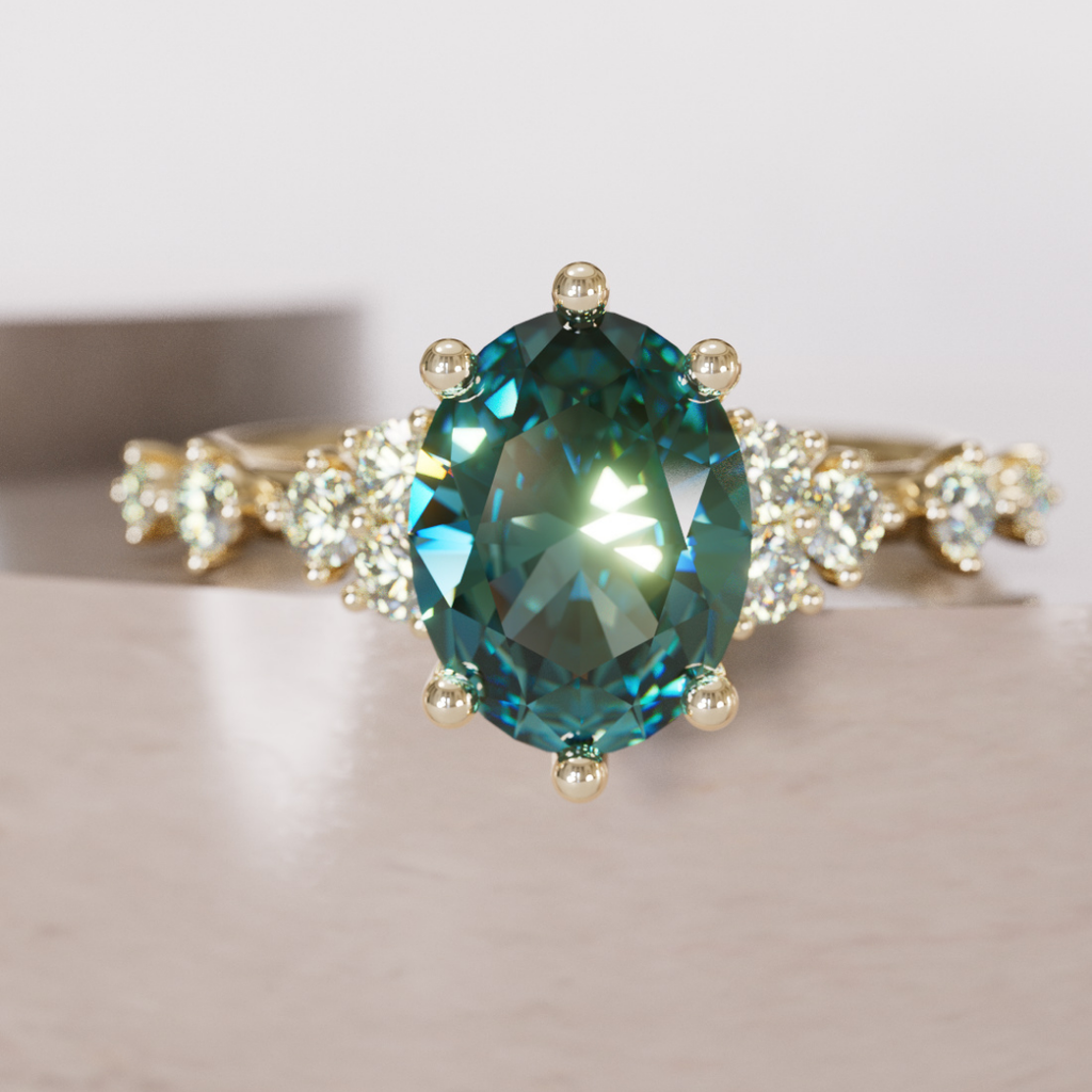 Celestial Engagement Ring with Oval Teal Sapphire and Diamonds By Valley Rose