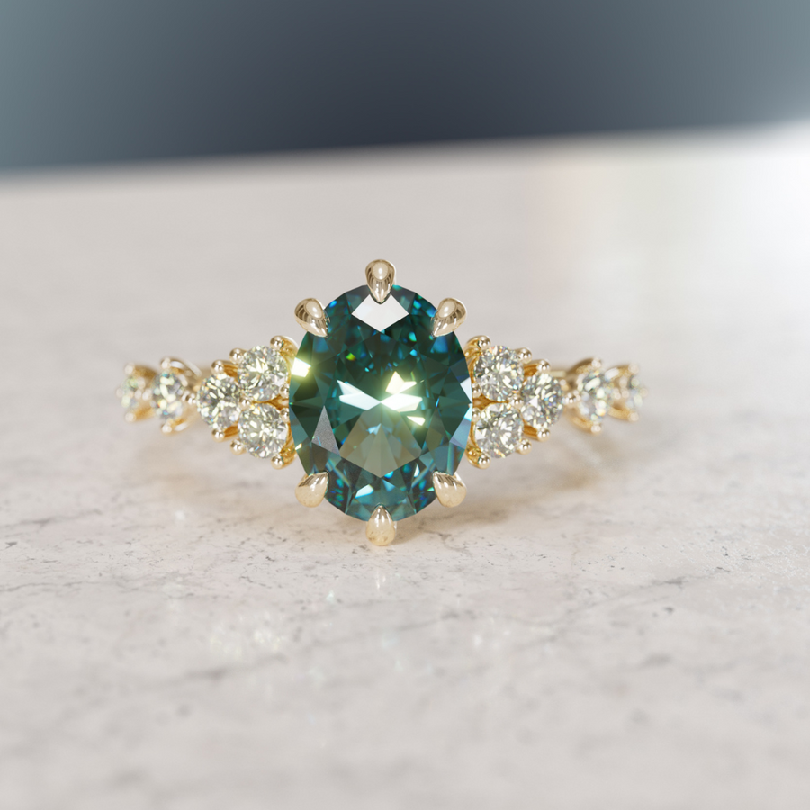 Celestial Engagement Ring with Oval Teal Sapphire and Diamonds By Valley Rose