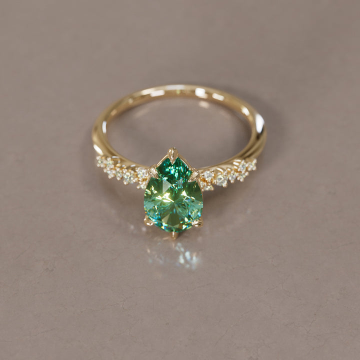 Celestial Engagement Ring with Pear Green Sapphire and Diamonds By Valley Rose