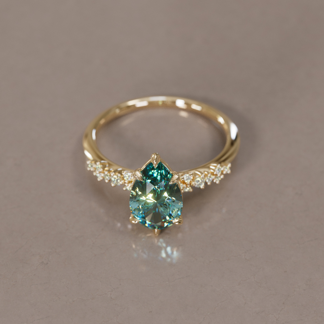Celestial Engagement Ring with Pear Teal Sapphire and Diamonds By Valley Rose