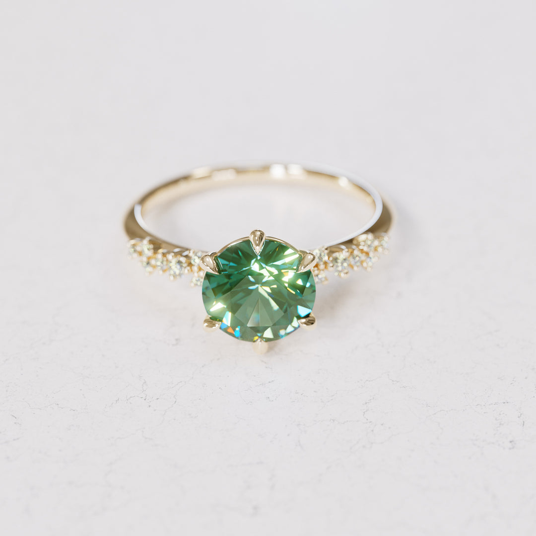 Celestial Engagement Ring with Round Green Sapphire and Diamonds By Valley Rose