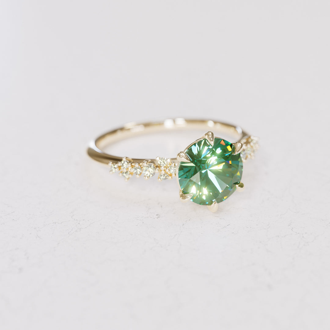 Celestial Engagement Ring with Round Green Sapphire and Diamonds By Valley Rose