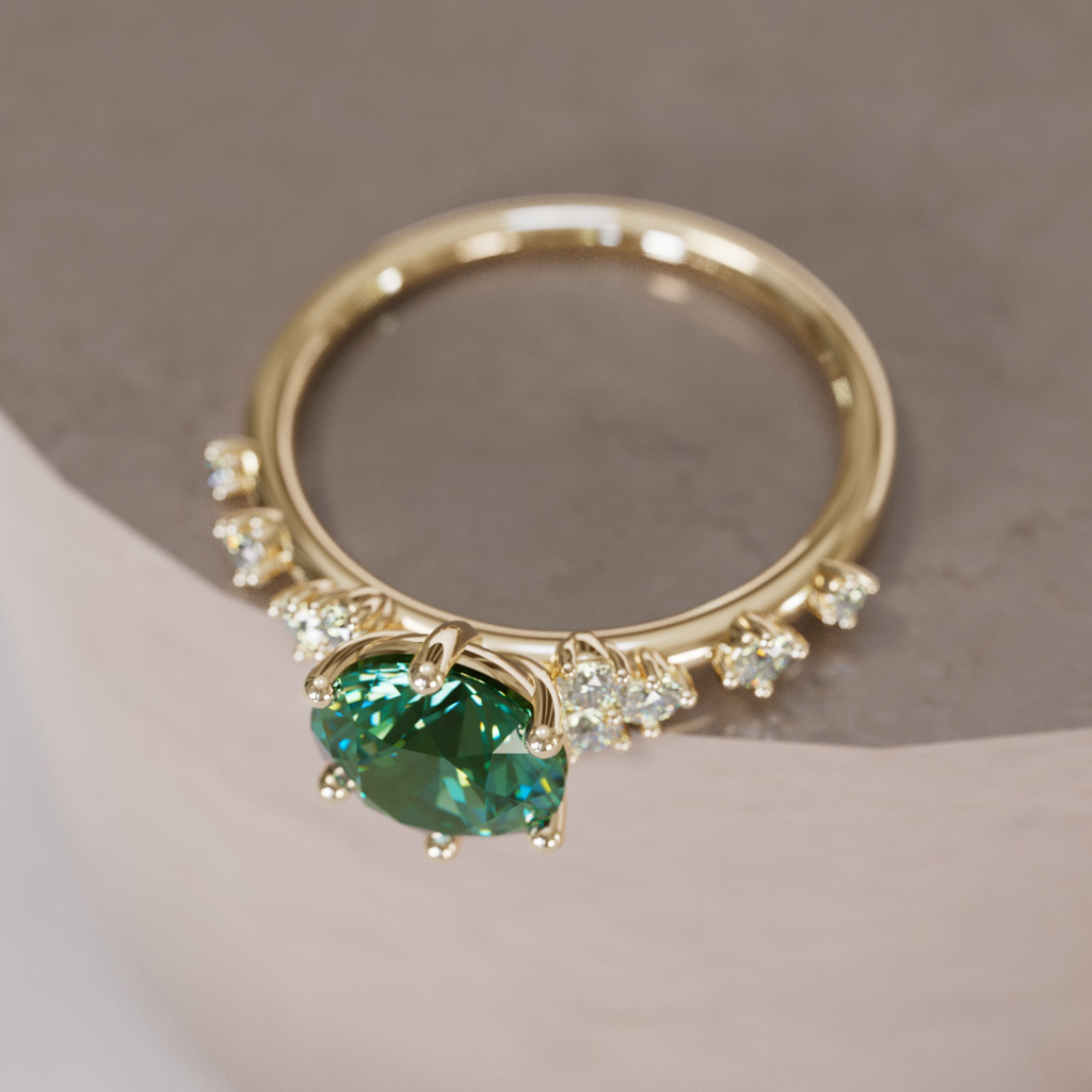 Celestial Engagement Ring with Round Green Sapphire and Diamonds By Valley Rose