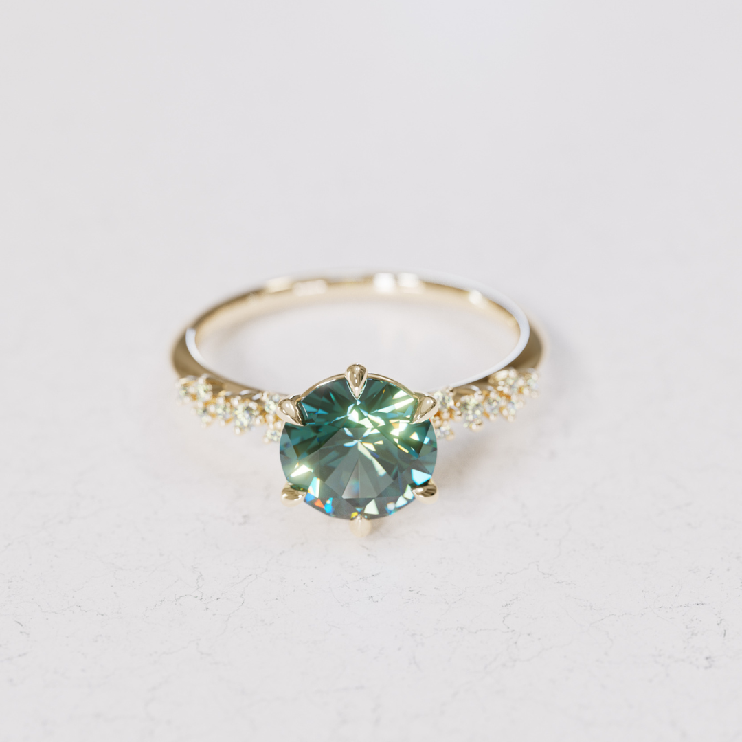 Celestial Engagement Ring with Round Teal Sapphire and Diamonds By Valley Rose