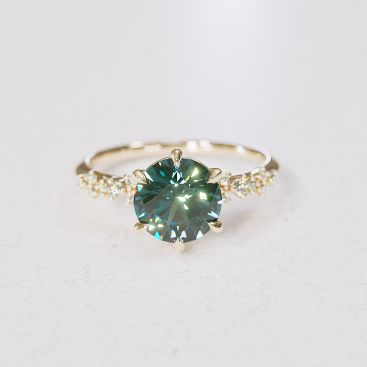 Celestial Engagement Ring with Round Teal Sapphire and Diamonds By Valley Rose