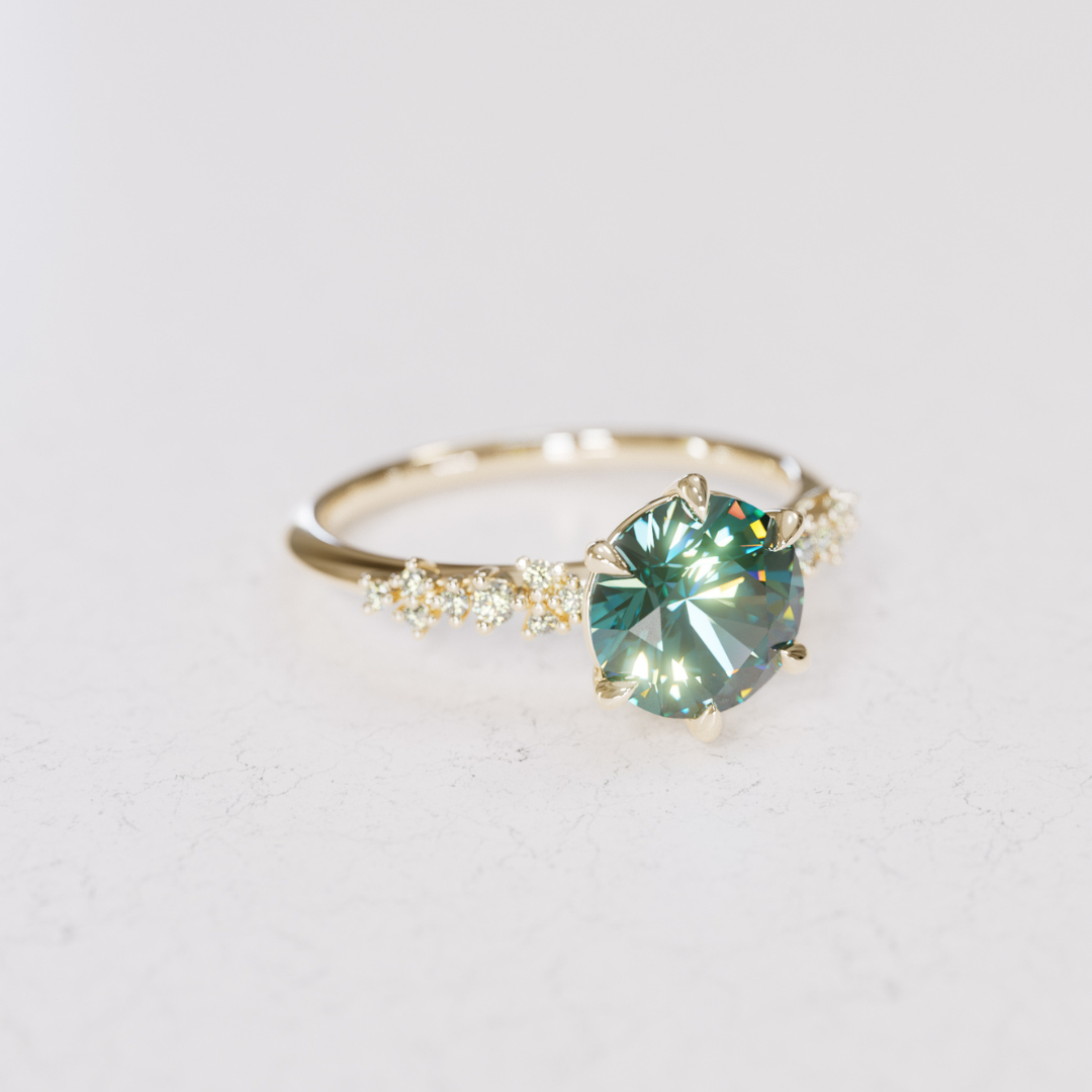 Celestial Engagement Ring with Round Teal Sapphire and Diamonds By Valley Rose