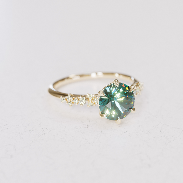 Celestial Engagement Ring with Round Teal Sapphire and Diamonds By Valley Rose
