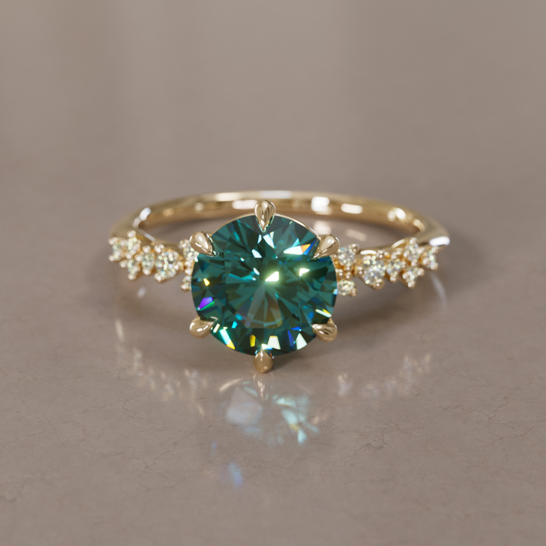 Celestial Engagement Ring with Round Teal Sapphire and Diamonds By Valley Rose