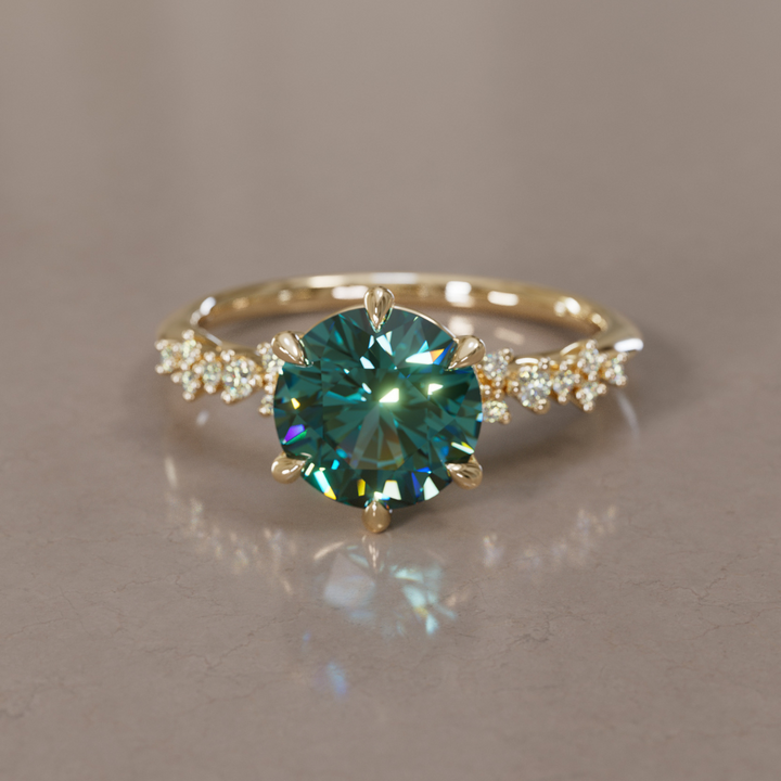 Celestial Engagement Ring with Round Teal Sapphire and Diamonds By Valley Rose