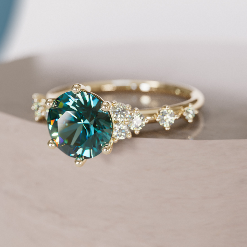 Celestial Engagement Ring with Round Teal Sapphire and Diamonds By Valley Rose