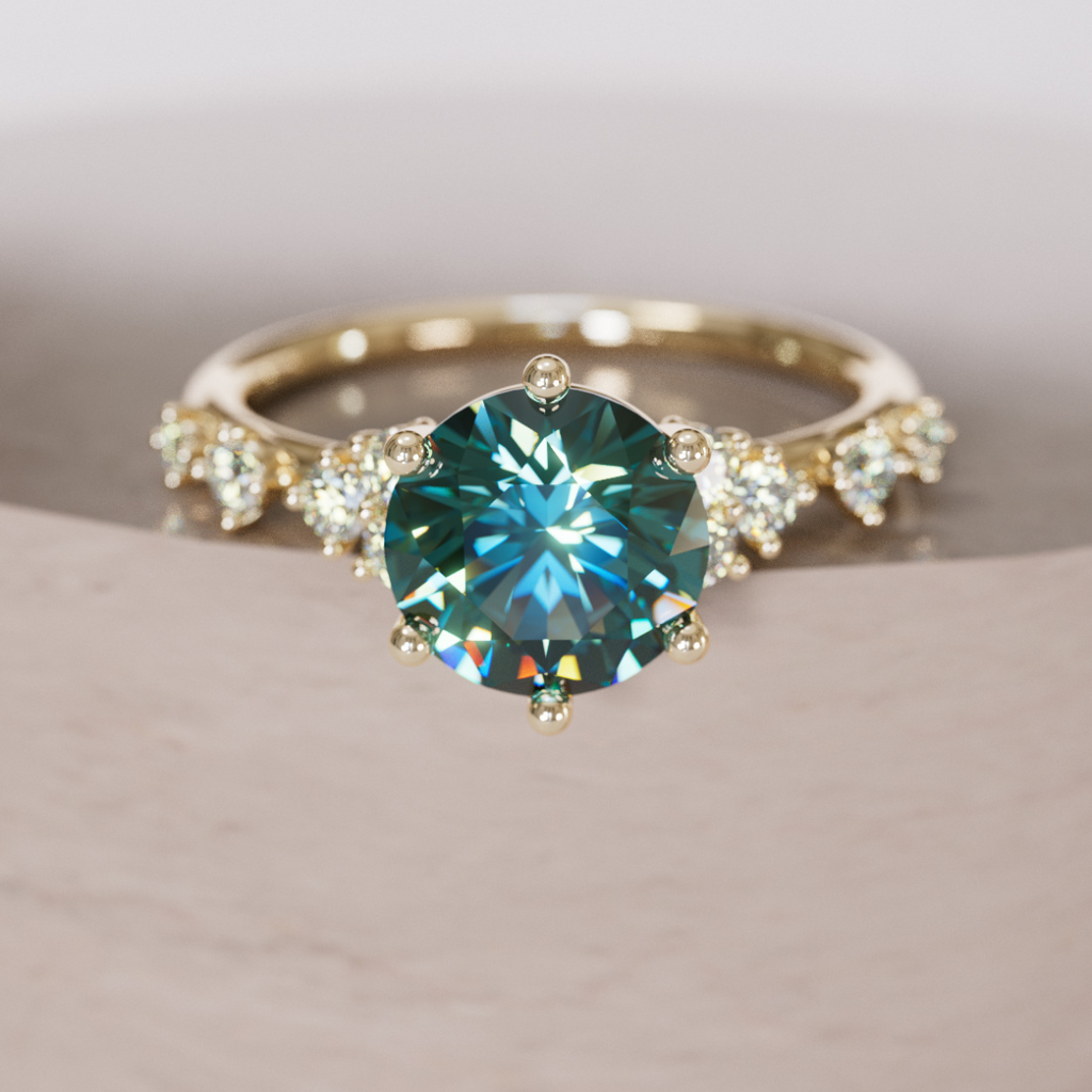 Celestial Engagement Ring with Round Teal Sapphire and Diamonds By Valley Rose