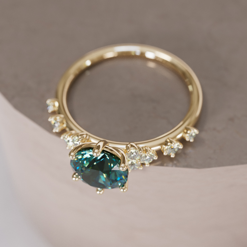 Celestial Engagement Ring with Round Teal Sapphire and Diamonds By Valley Rose