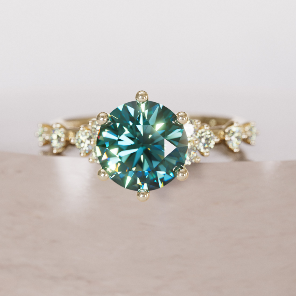 Celestial Engagement Ring with Round Teal Sapphire and Diamonds By Valley Rose