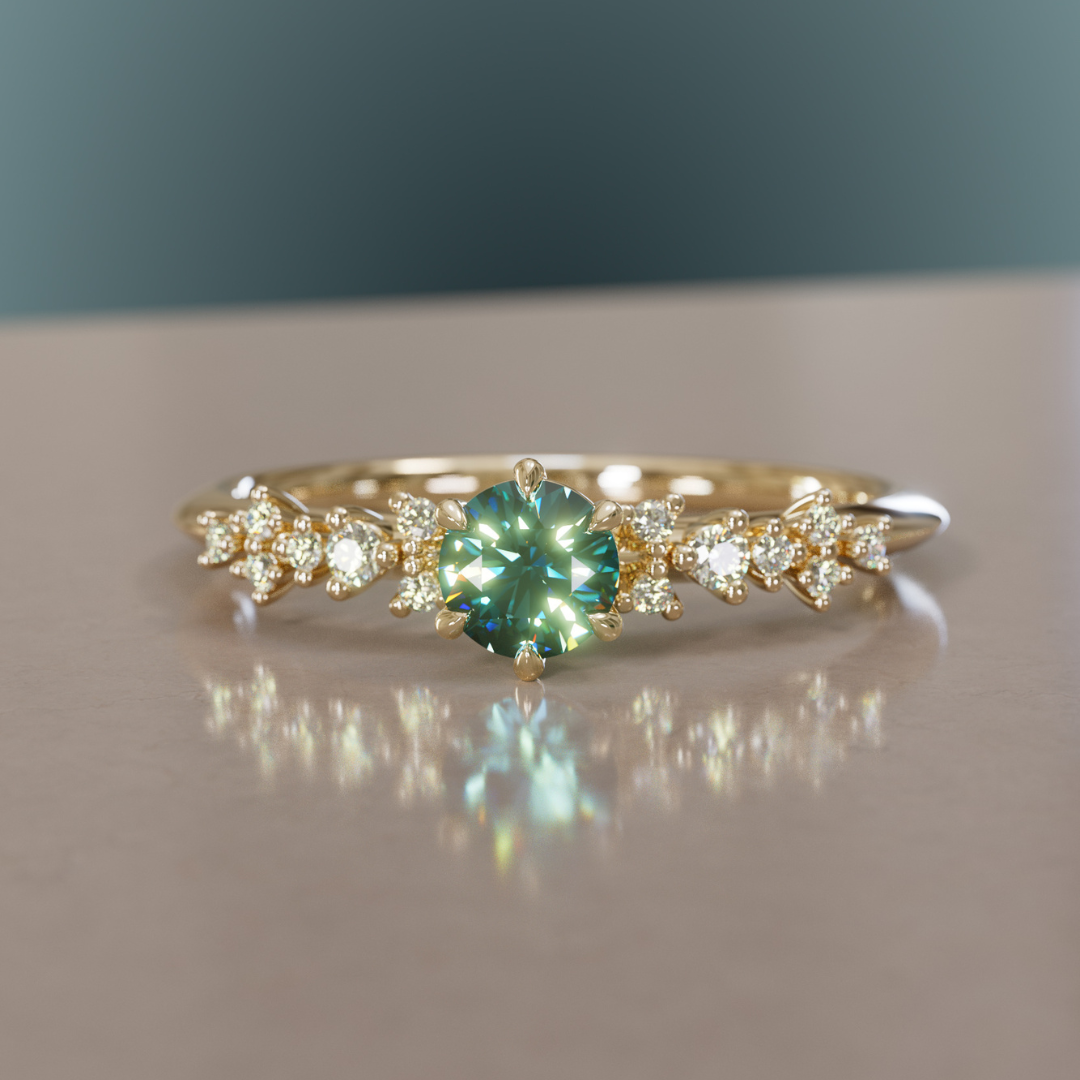 Celestial ring with Teal Sapphire Nature Inspired By Valley Rose