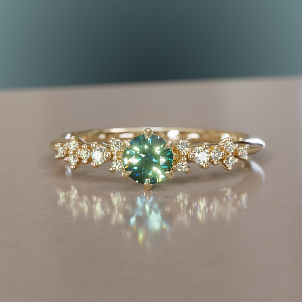 Celestial ring with Teal Sapphire Nature Inspired By Valley Rose