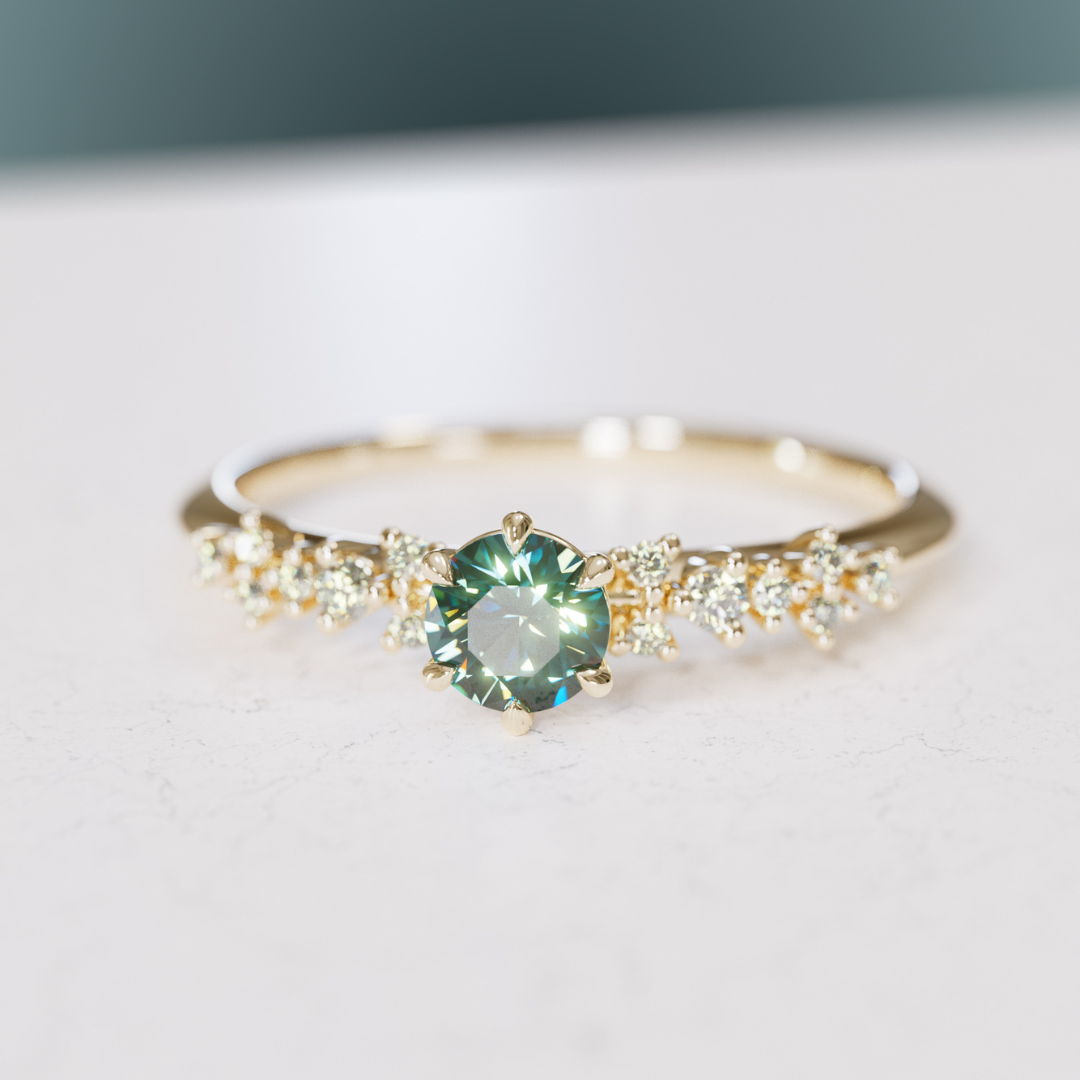 Celestial ring with Teal Sapphire Nature Inspired By Valley Rose