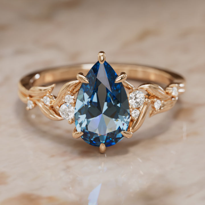 Celria Pear Blue Sapphire Engagement Flower Ring Nature Inspired (Setting Only) By Valley Rose
