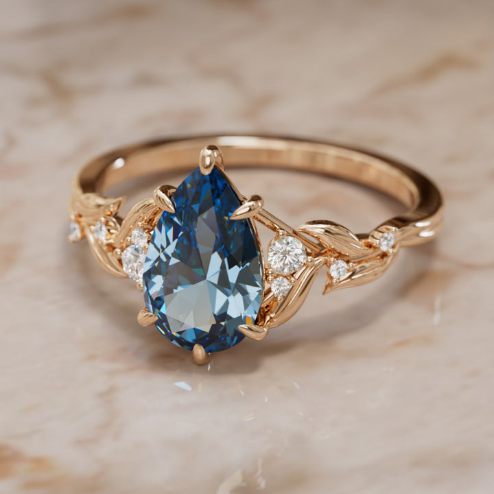 Celria Pear Blue Sapphire Engagement Flower Ring Nature Inspired (Setting Only) By Valley Rose