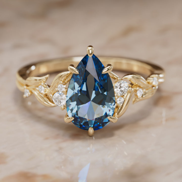 Celria Pear Blue Sapphire Engagement Flower Ring Nature Inspired (Setting Only) By Valley Rose