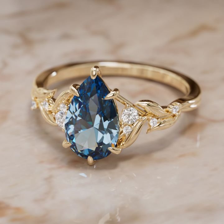 Celria Pear Blue Sapphire Engagement Flower Ring Nature Inspired (Setting Only) By Valley Rose