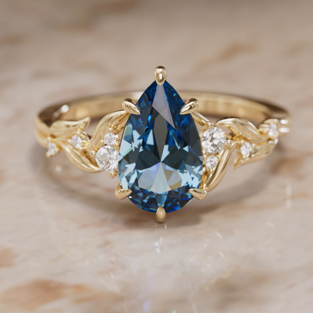 Celria Pear Blue Sapphire Engagement Flower Ring Nature Inspired (Setting Only) By Valley Rose
