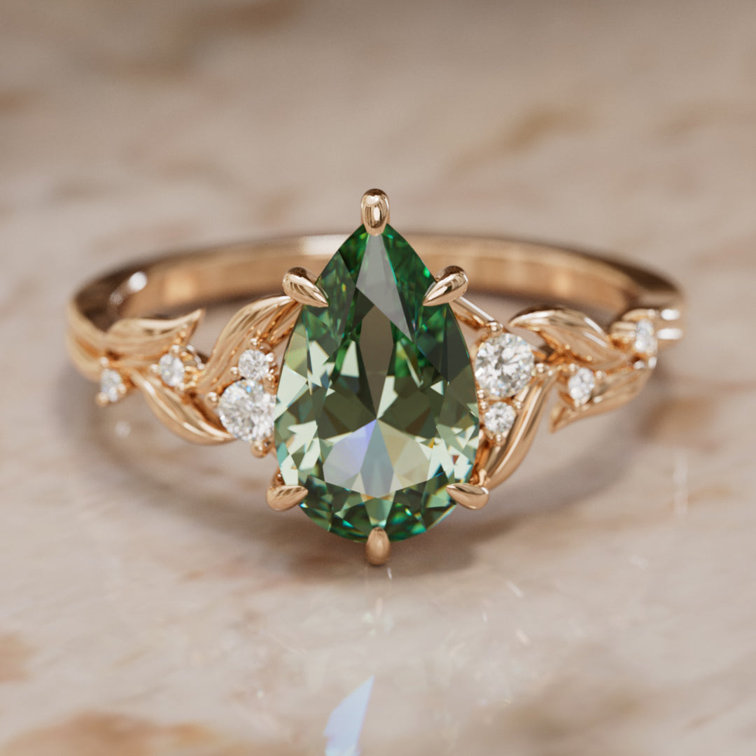Celria Pear Green Sapphire Engagement Flower Ring Nature Inspired (Setting Only) By Valley Rose
