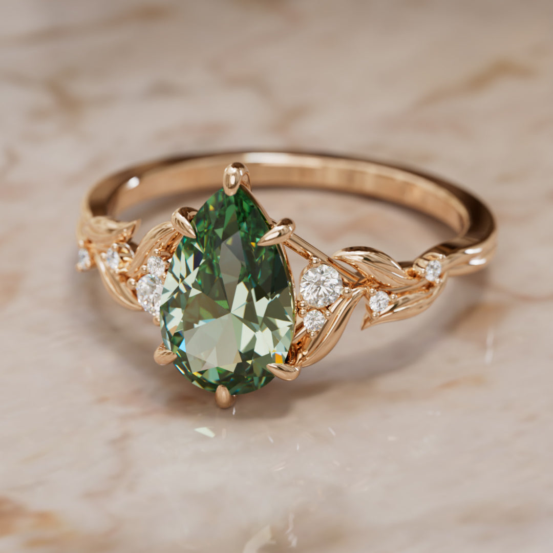 Celria Pear Green Sapphire Engagement Flower Ring Nature Inspired (Setting Only) By Valley Rose