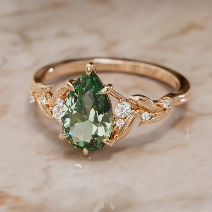 Celria Pear Green Sapphire Engagement Flower Ring Nature Inspired (Setting Only) By Valley Rose