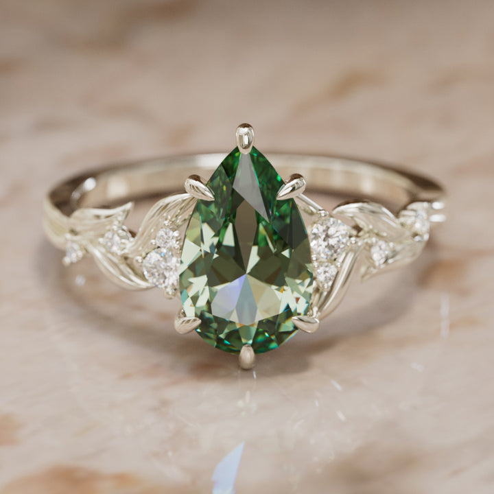 Celria Pear Green Sapphire Engagement Flower Ring Nature Inspired (Setting Only) By Valley Rose