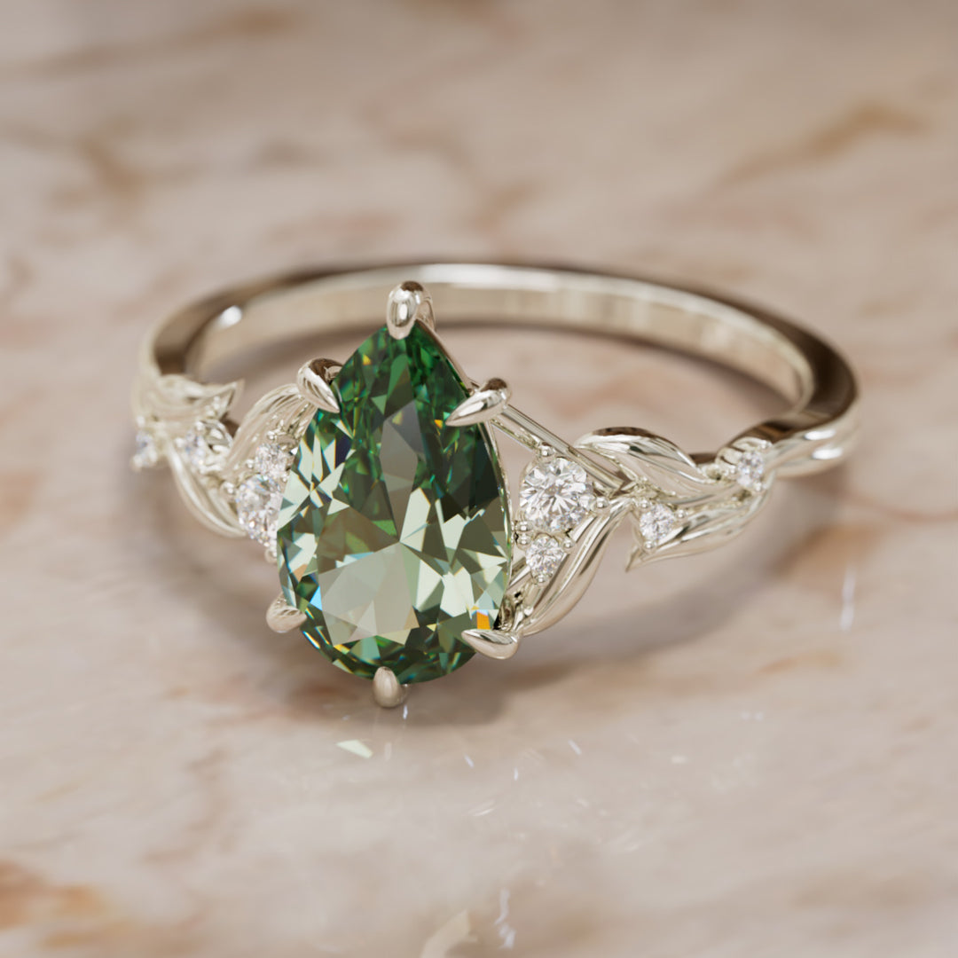 Celria Pear Green Sapphire Engagement Flower Ring Nature Inspired (Setting Only) By Valley Rose