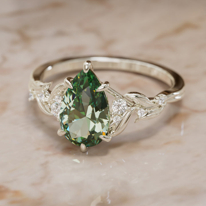 Celria Pear Green Sapphire Engagement Flower Ring Nature Inspired (Setting Only) By Valley Rose