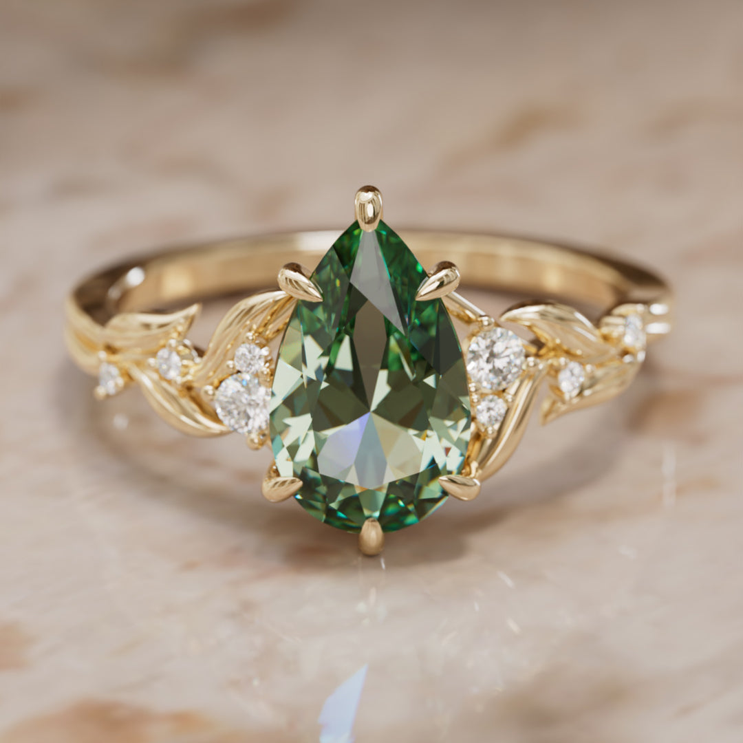 Celria Pear Green Sapphire Engagement Flower Ring Nature Inspired (Setting Only) By Valley Rose